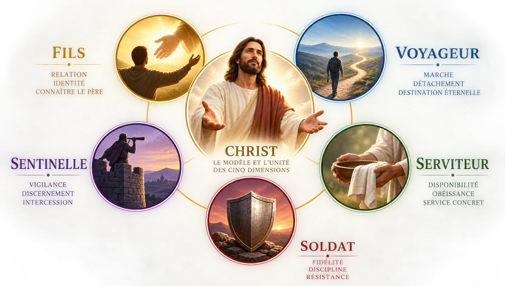 Christ au centre, modèle et unité des cinq dimensions : Fils, Voyageur, Serviteur, Soldat et Sentinelle